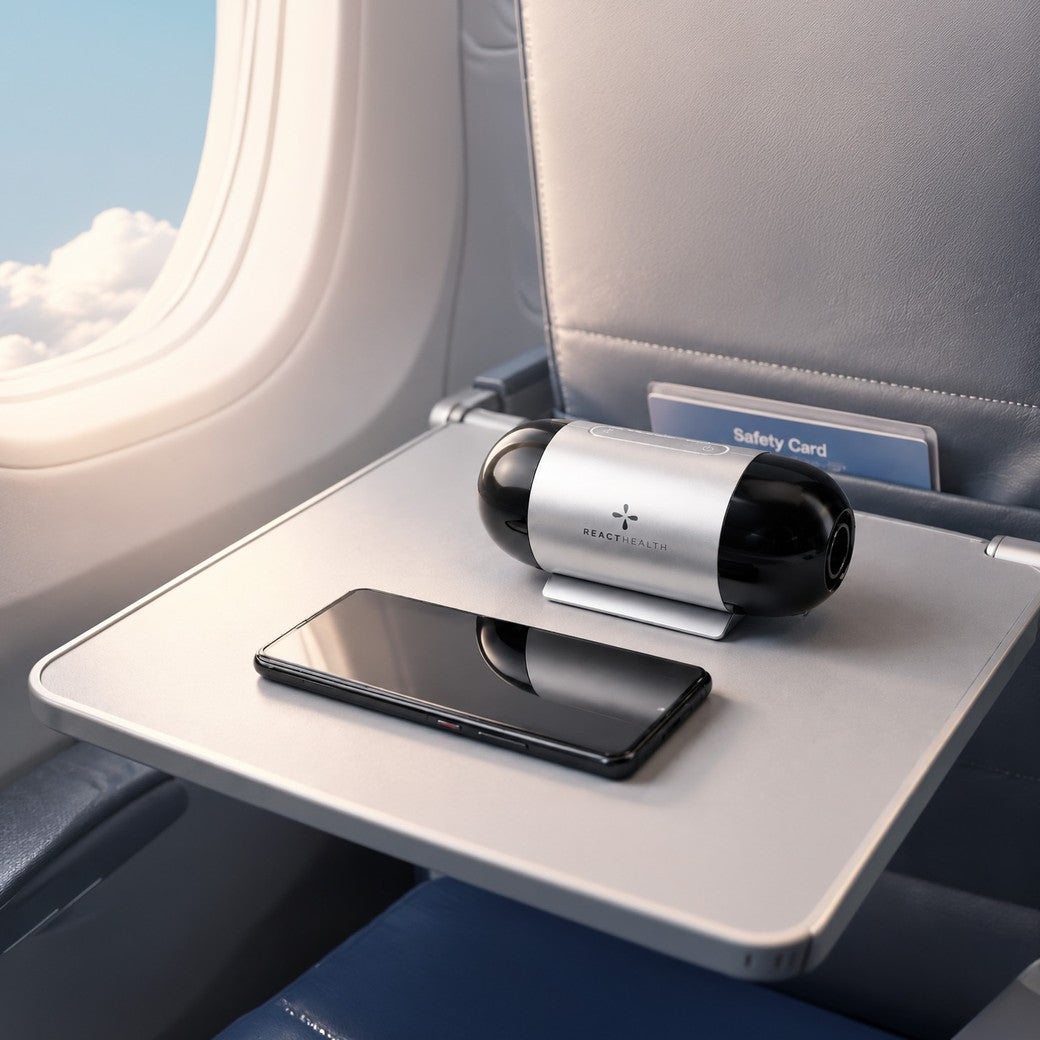 Luna TravelPAP set up on an airplane tray table