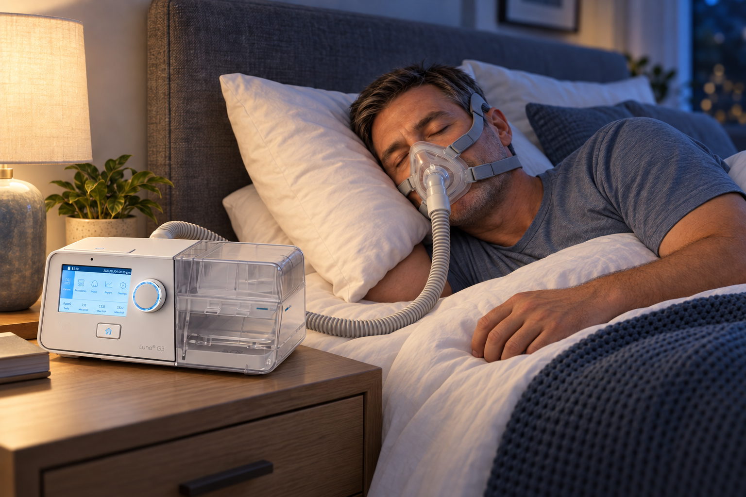 React Health Luna G3 BPAP on a bedside table